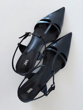 ZARA Black Pointed Toe Kitten Heel Slingback T-Strap Pumps Minimalist Chic